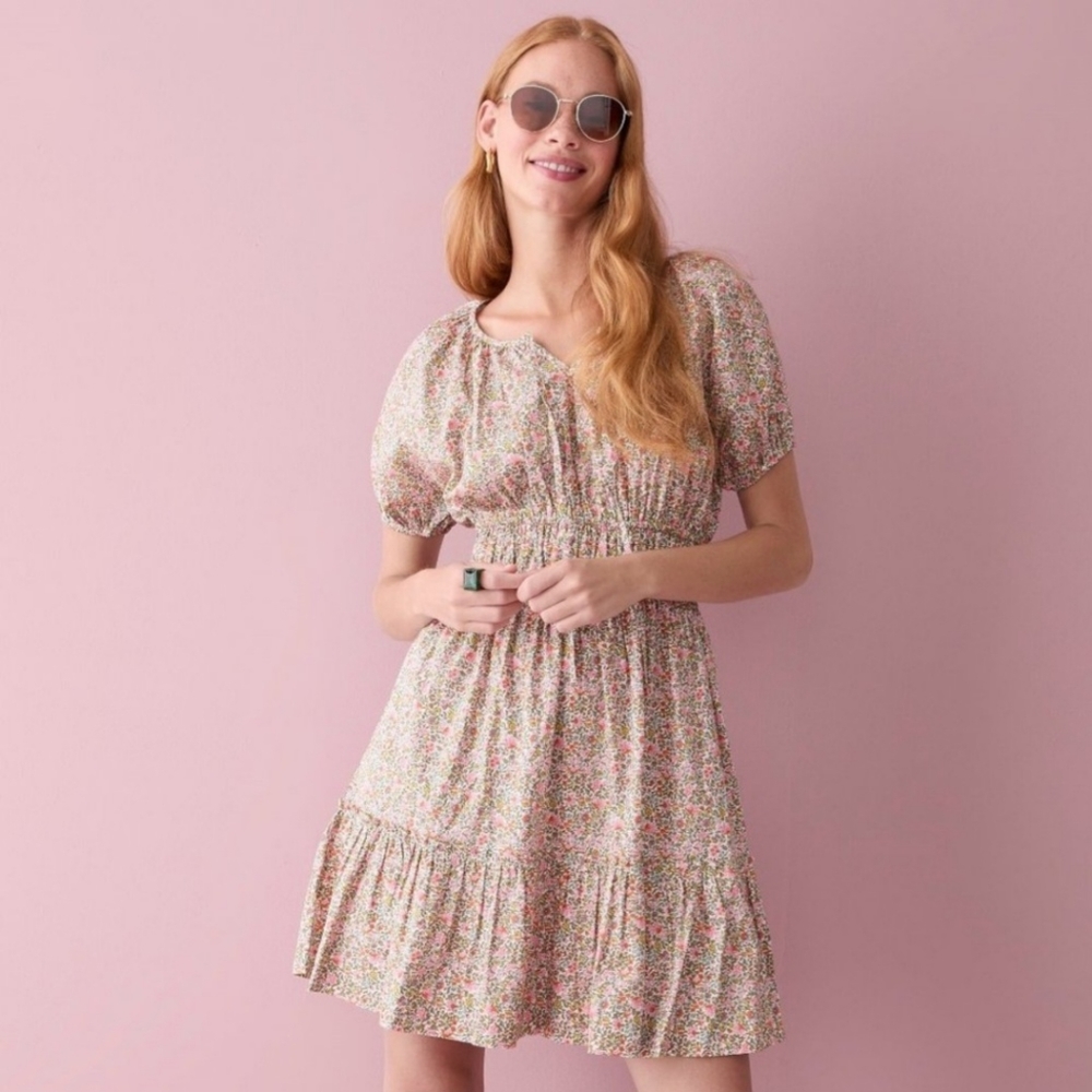 J. Crew Cinch Waist Puff Sleeve Dress in Scattered Blooms Floral‎ Print